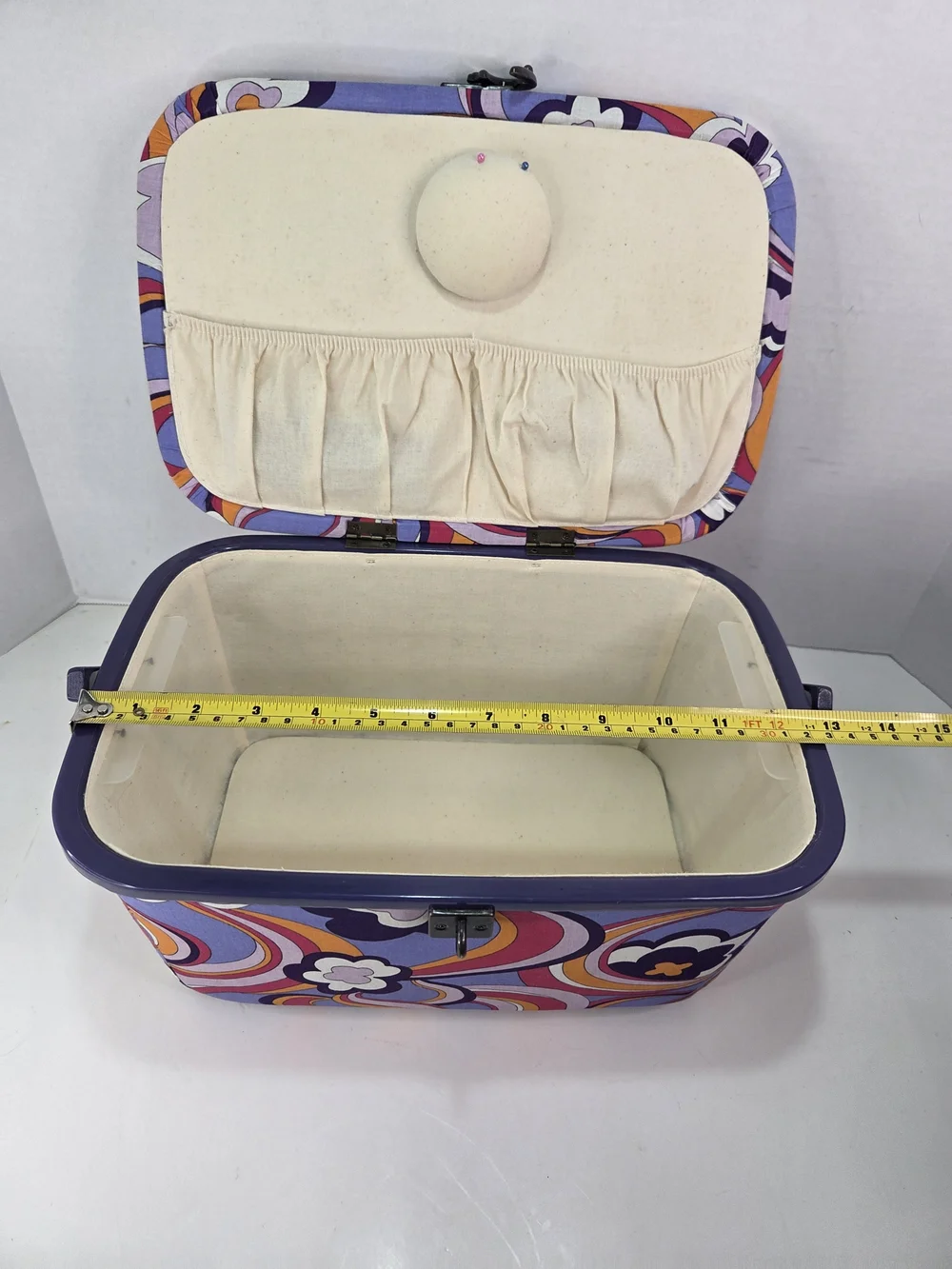 VTG. 1960-70s Peter Max Style Print Sewing Basket Groovy Flower Power Colors